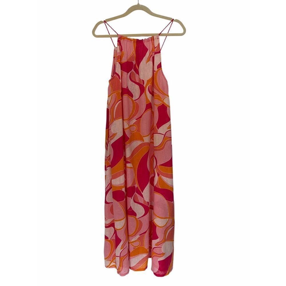 Rachel Zoe Linen Blend Maxi Dress Pink Orange Abstract Print Tassel Shell Size L - Picture 3 of 12